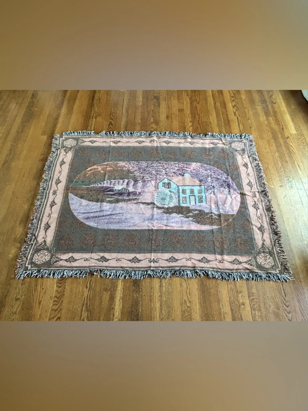 Vintage Woven Tapestry Throw Blanket Watermill Countryside Farmhouse 68x48